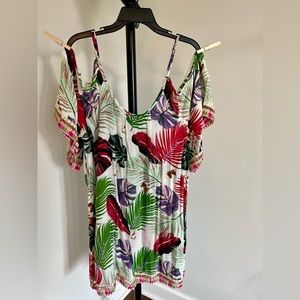 Boutique boho summer dress with cold shoulder and adjustable straps.